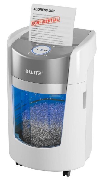 LEITZ IQ OptiMax Small Office 350 Aktenvernichter mit Partikelschnitt P-5, 2 x15 mm, bis 8 Blatt, weiß