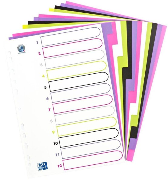 OXFORD Ordnerregister myColour DIN A4 Vollformat blanko lila, pink, weiß, grün, schwarz 12-teilig, 1 Satz