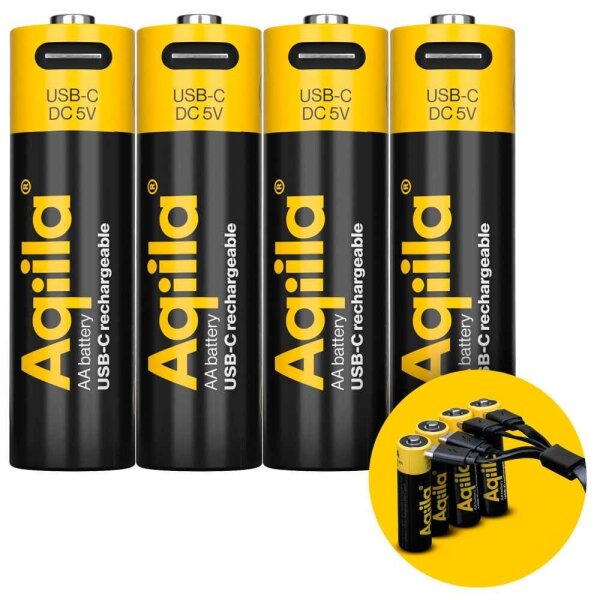 Aqiila® USB-Akkus mit Ladekabel USB-C Li-Ion Mignon AA 2.000 mAh, 4 St.