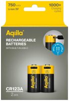 Aqiila® USB-Akkus mit Ladekabel USB-C Li-Ion CR123A 750 mAh, 2 St.