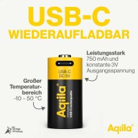 Aqiila® USB-Akkus mit Ladekabel USB-C Li-Ion CR123A 750 mAh, 2 St.
