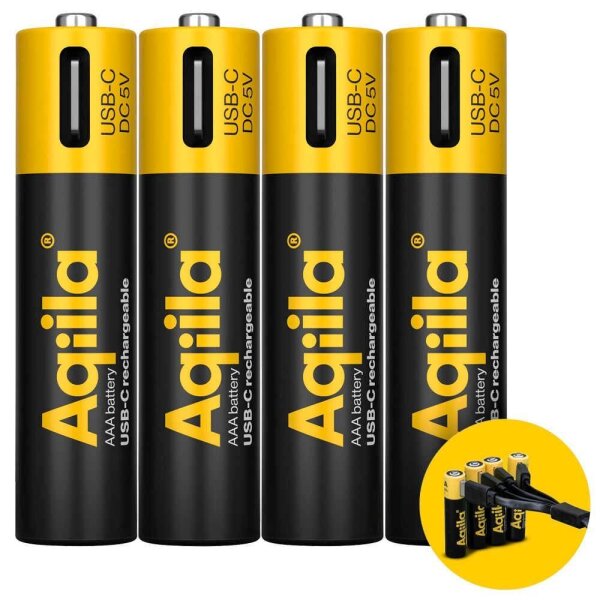 Aqiila® USB-Akkus mit Ladekabel USB-C Li-Ion Mignon AA 600 mAh, 4 St.