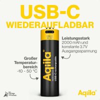 Aqiila® USB-Akku mit Ladekabel USB-C Li-Ion 18650 2.000 mAh, 1 St.