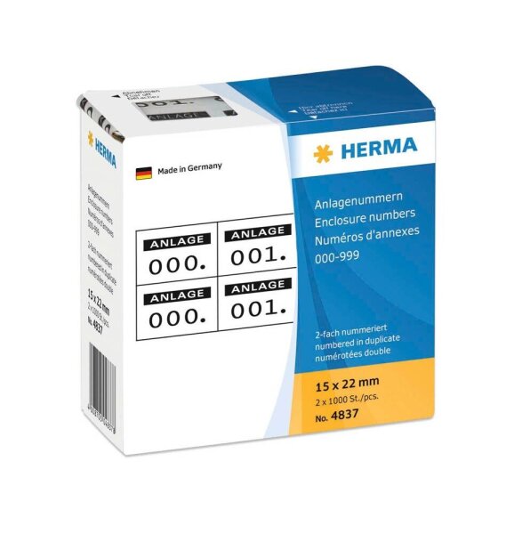 HERMA Klebenummern 4837 Zahlen, weiß/schwarz 15,0 x 22,0 mm, 2x1.000 Etiketten