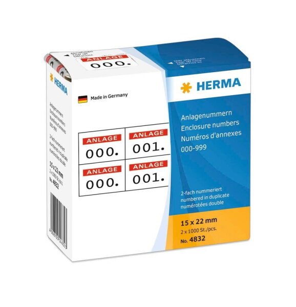 HERMA Klebenummern 4832 Zahlen, weiß/rot 15,0 x 22,0 mm, 2x1.000 Etiketten