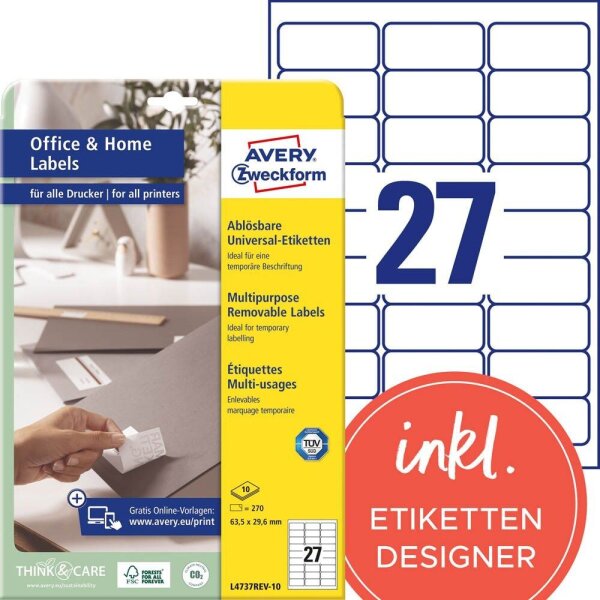 AVERY Zweckform Etiketten weiß 63,5 x 29,6 mm, 10 Blatt