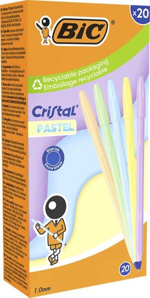 BIC Kugelschreiber Cristal PASTEL pastellorange, pastellgrün, pastellblau, pastellgelb, pastellrosa, Schreibfarbe: blau, 20 St.