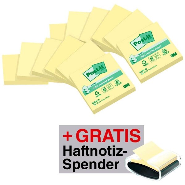 AKTION: Post-it® Recycling Z-Notes Haftnotizen gelb, 12 Blöcke + GRATIS Spender