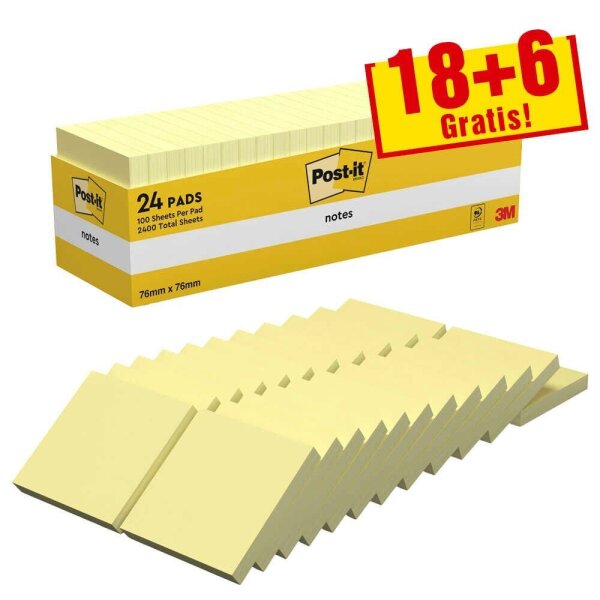 18 + 6 GRATIS: Post-it® Haftnotizen gelb, 18 Blöcke + GRATIS 6 Blöcke