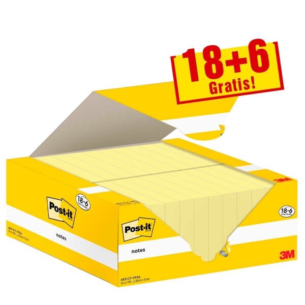 18 + 6 GRATIS: Post-it® Haftnotizen gelb, 18 Blöcke + GRATIS 6 Blöcke