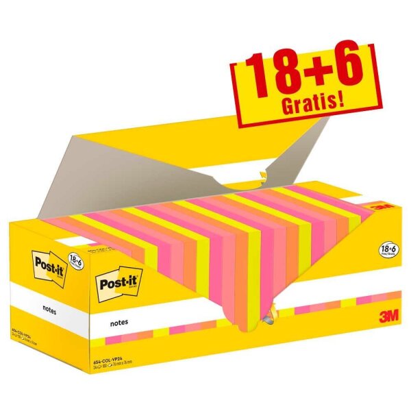 18 + 6 GRATIS: Post-it® Haftnotizen farbsortiert, 18 Blöcke + GRATIS 6 Blöcke