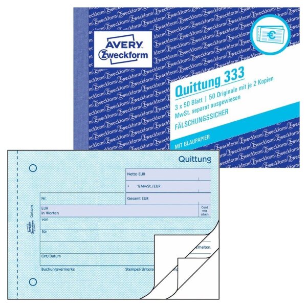 AVERY Zweckform Quittung, MwSt. separat ausgewiesen Formularbuch 333, 1 St.