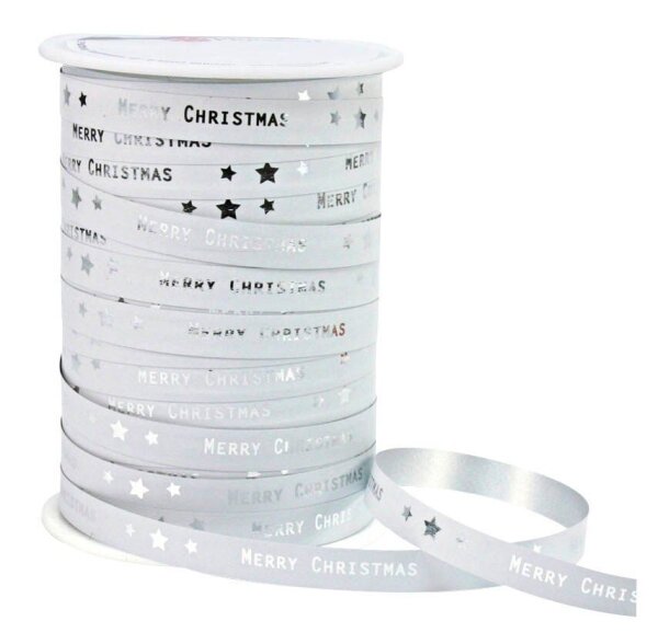 PRÄSENT Geschenkband Merry Christmas matt weiß/silber 10,0 mm x 100,0 m