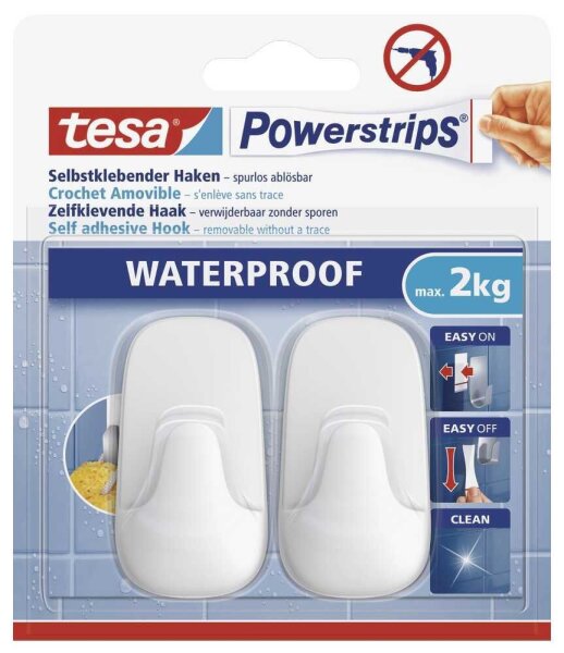 tesa WATERPROOF Small Klebehaken für max. 2,0 kg, 2,0 x 5,0 cm, 2 St.