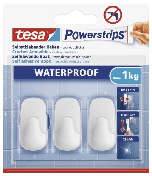 tesa WATERPROOF Small Klebehaken für max. 1,0 kg, 1,4 x 3,4 cm, 3 St.