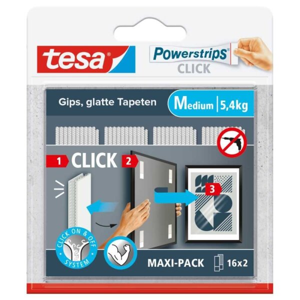 tesa Klettstreifen Powerstrips MEDIUM Click weiß, 16 St.