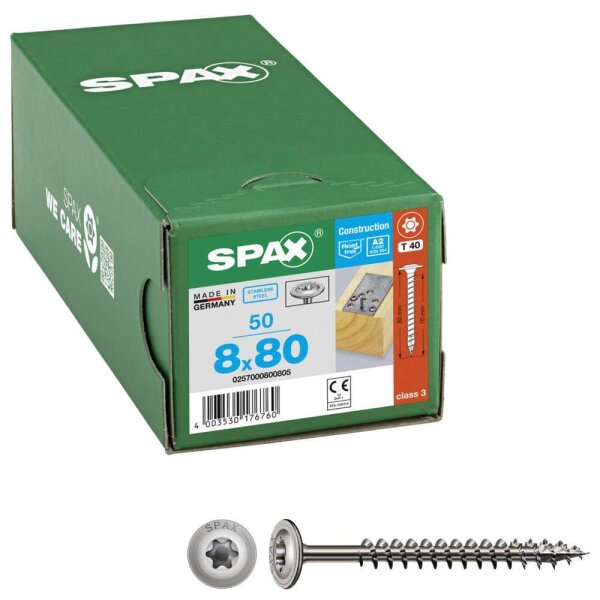 SPAX® Holzbauschrauben T40 Tellerkopf Edelstahl A2 0257000800805 8 mm x 80 mm, 50 St.