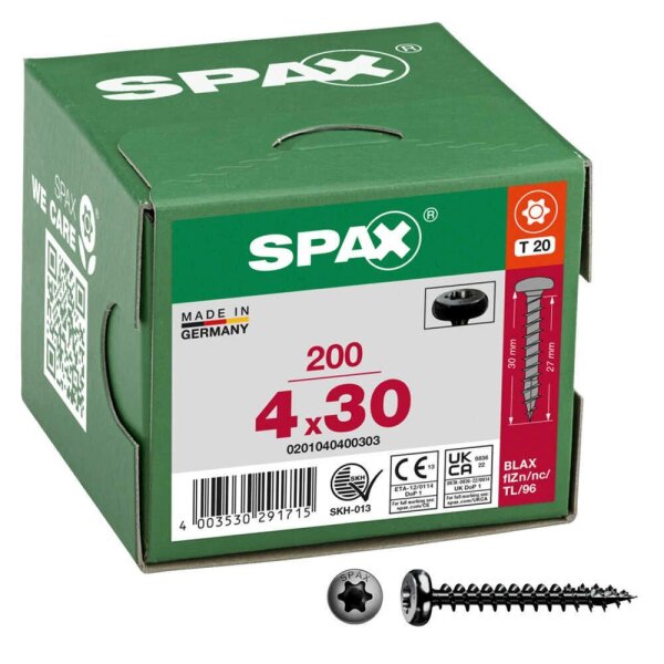 SPAX® Universalschrauben T20 Halbrundkopf BLAX 0201040400303 4 mm x 30 mm, 200 St.