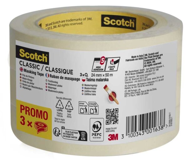 Scotch CLASSIC Kreppband beige 24,0 mm x 50,0 m 3 Rollen