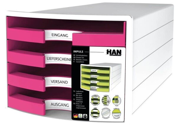 HAN Schubladenbox IMPULS  pink 1013-56D, DIN A4 mit 4 Schubladen, 1 St.