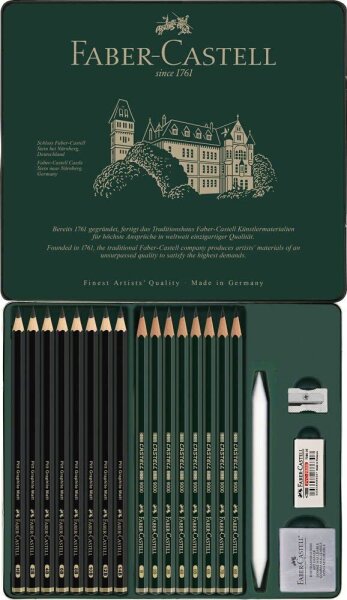 FABER-CASTELL Pitt Graphite Matt Bleistift-Set B, HB, 2B, 3B, 4B, 5B, 6B, 7B, 8B, 10B, 12B, 14B schwarz/grün mit Radierer, 1 St.