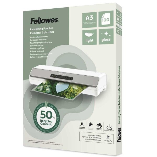 Fellowes Laminierfolien mit 50% recyceltem Anteil glänzend für A3 75-80 micron, 100 St.