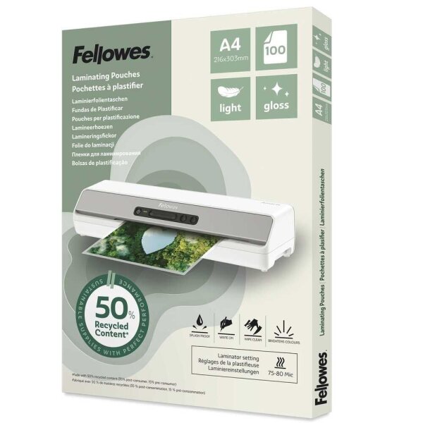Fellowes Laminierfolien mit 50% recyceltem Anteil glänzend für A4 75-80 micron, 100 St.