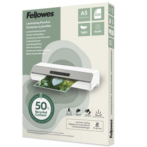 Fellowes Laminierfolien mit 50% recyceltem Anteil matt für A5 75-80 micron, 100 St.