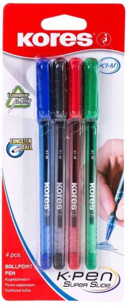 Kores® Kugelschreiber K1 transparent, Schreibfarbe:  4 St. farbsortiert, 4 St.