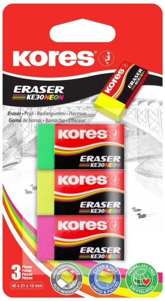 Kores® Radiergummis für Bleistifte KE-30 farbsortiert, 3 St.