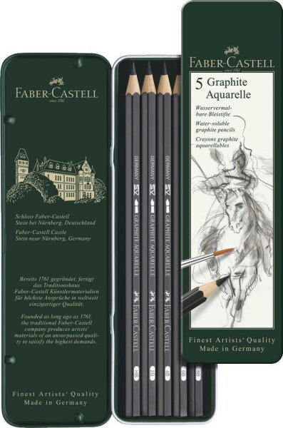 FABER-CASTELL Graphit Aquarelle Bleistifte HB, 2B, 4B, 6B, 8B schwarz, 5 St.