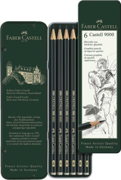 FABER-CASTELL Castell 9000 Bleistifte B, HB, 2B, 4B, 6B, 8B dunkelgrün, 6 St.