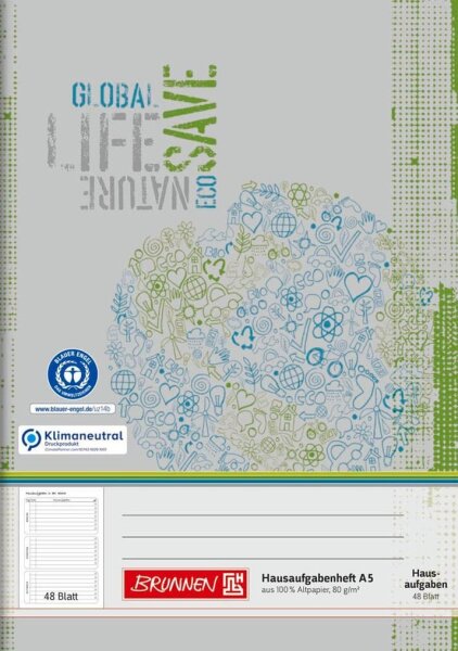 BRUNNEN Hausaufgabenheft Recycling Lineatur SL liniert DIN A5 ohne Rand, 48 Blatt, 1 St.