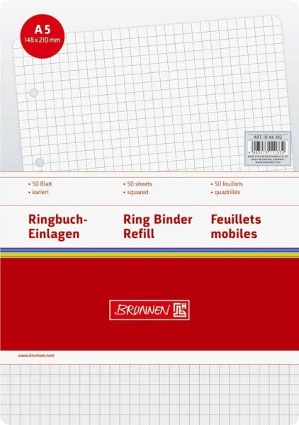 BRUNNEN Ringbucheinlagen A5 kariert, 50 Blätter