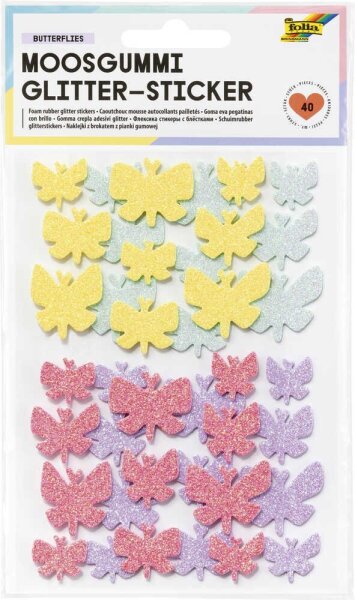 folia Moosgummi Glitter-Sticker BUTTERFLIES gelb, pink, mint, lila 40 St.  ( 23773 )