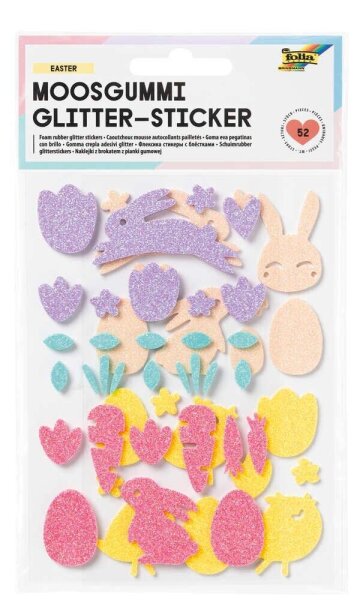 folia Moosgummi Glitter-Sticker EASTER gelb, lachs, rosa, lila, mint 52 St.  ( 23779 )