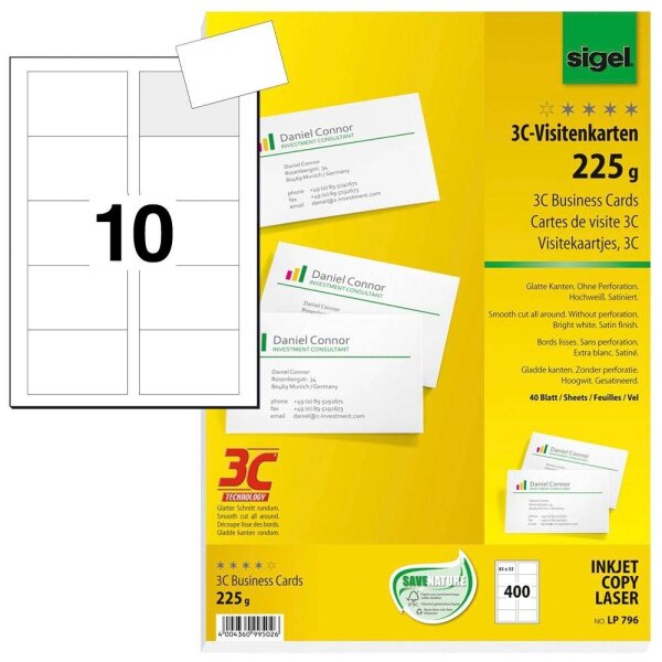 SIGEL Visitenkarten LP796 satiniert weiß 225 g/qm, 400 St.