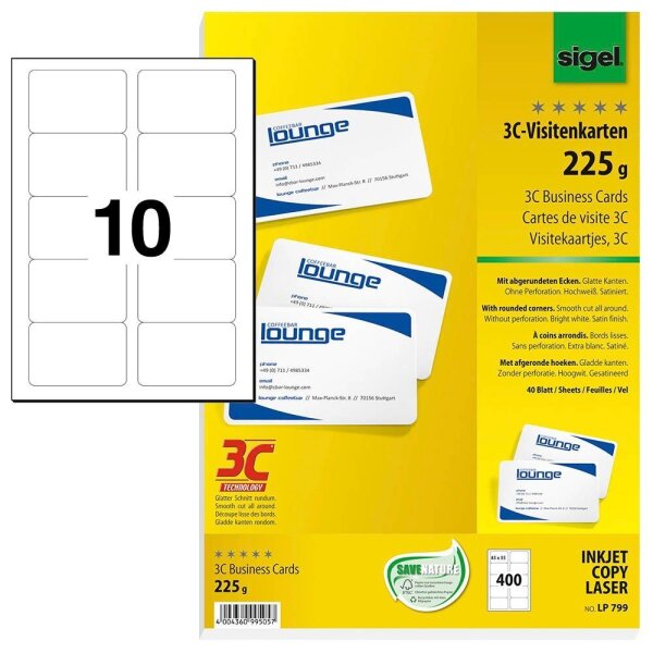 SIGEL Visitenkarten LP799 satiniert weiß 225 g/qm, 400 St.