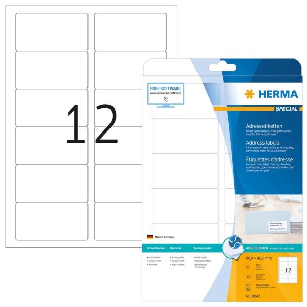 HERMA Adressetiketten 8842 weiß 88,9 x 46,6 mm, 25 Blatt