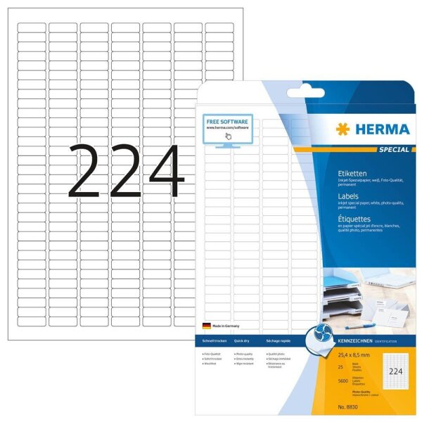 HERMA Etiketten 8830 weiß 25,4 x 8,5 mm, 25 Blatt