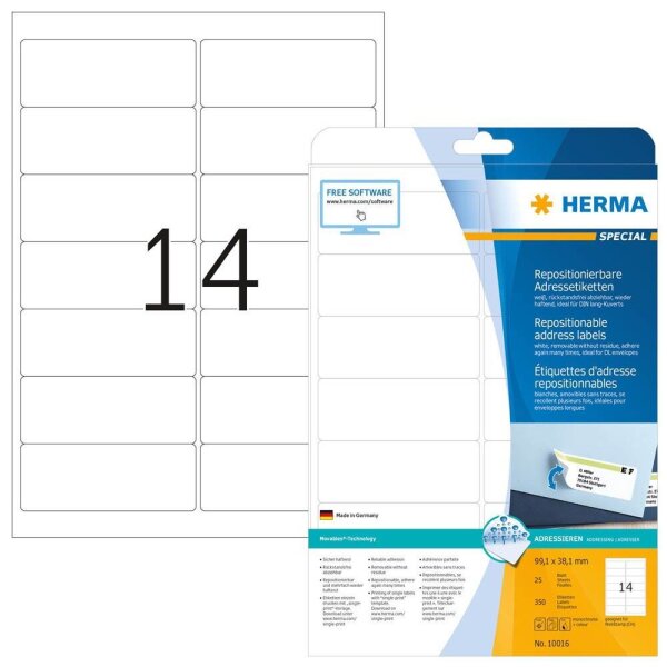 HERMA Adressetiketten 10016 weiß 99,1 x 38,1 mm, 25 Blatt