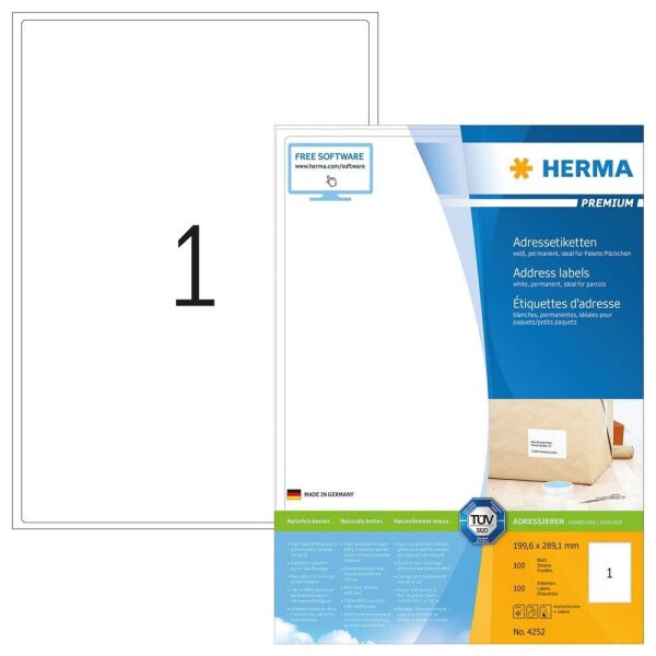 HERMA Adressetiketten 4252 weiß 199,6 x 289,1 mm, 100 Blatt