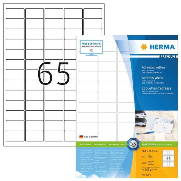 HERMA Adressetiketten 4254 weiß 38,1 x 21,2 mm, 100 Blatt