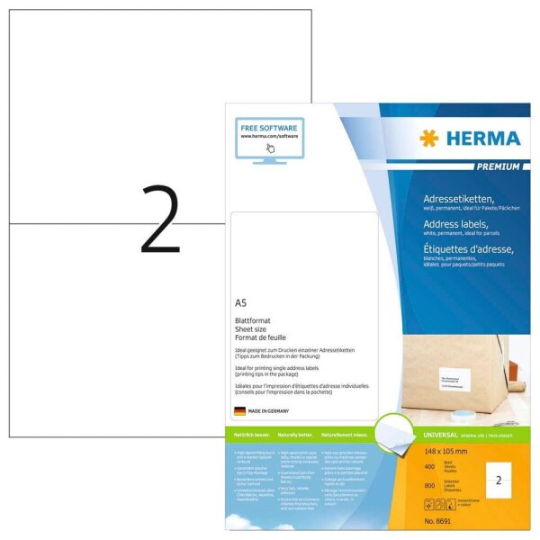 HERMA Adressetiketten 8691 weiß 148,0 x 105,0 mm, 400 Blatt