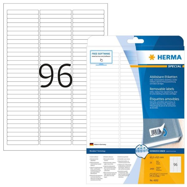 HERMA Etiketten 4202 weiß 63,5 x 8,5 mm, 25 Blatt