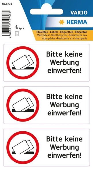 HERMA Hinweisetiketten 5738 Keine Werbung, schwarz 79,0 x 34,0 mm, 3 Etiketten