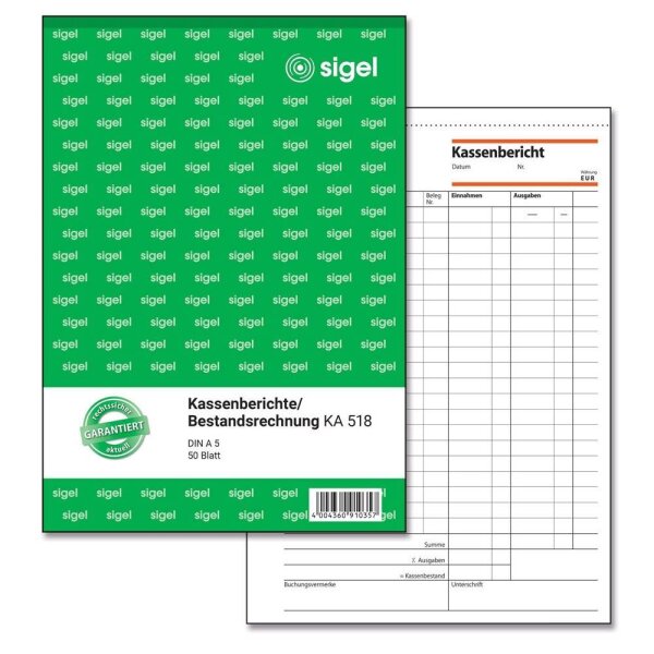 SIGEL Kassenbericht/Bestandsrechnung Formularbuch KA518, 1 St.