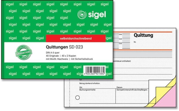 SIGEL Quittung, MwSt. separat ausgewiesen Formularbuch SD023, 1 St.
