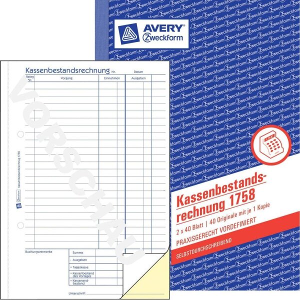 AVERY Zweckform Kassenbericht/Bestandsrechnung Formularbuch 1758, 1 St.