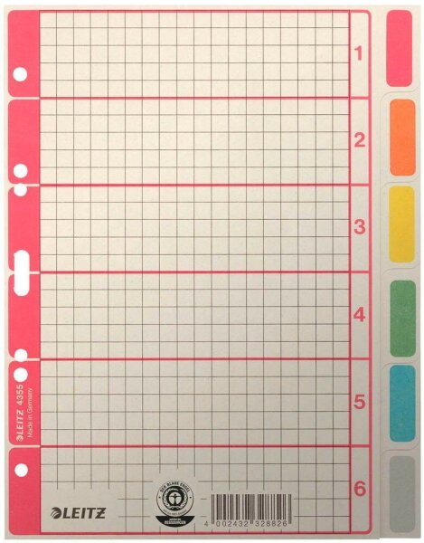 LEITZ Ordnerregister DIN A4 Vollformat 1-6 grau, farbig 6-teilig, 1 Satz